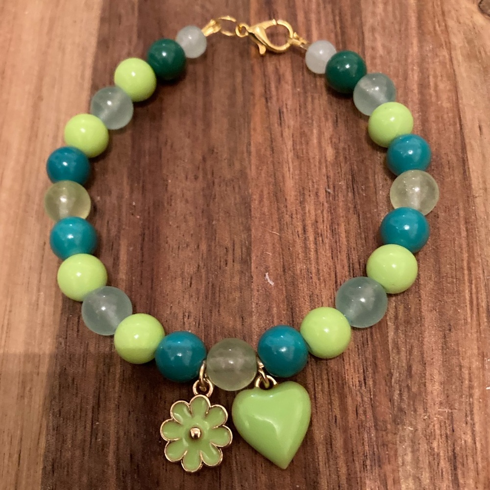 Handmade Green and Blue Beaded Bracelet with Heart and Flower Charms